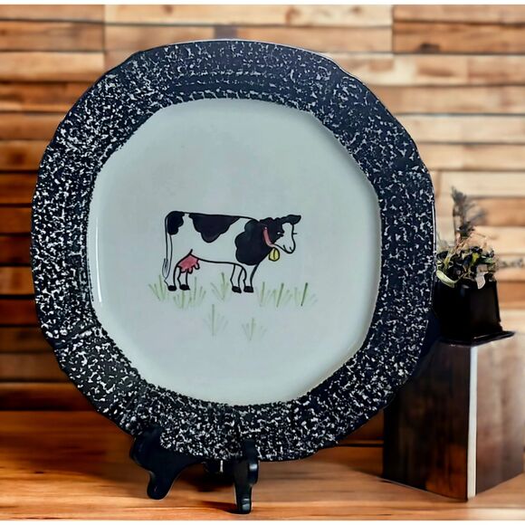 Rare NS Gustin Pottery SpongeWare Cow Serving Plate Black White Stipple 13.5 USA - Picture 1 of 1